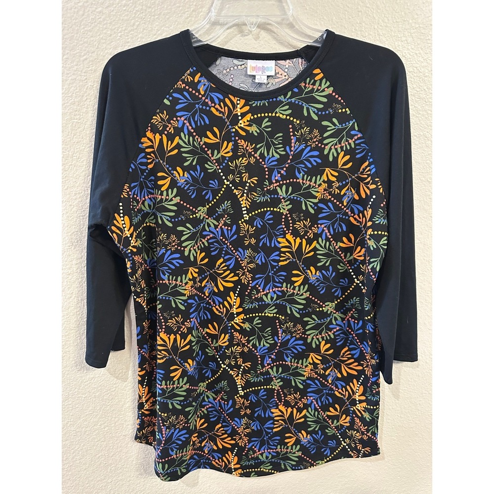 LuLaRoe Large Floral Print 3/4 Sleeve Black Baseball T-Shirt Top